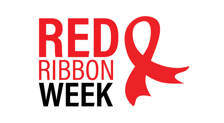 Text reading "Red Ribbon Week" with a red ribbon beside it